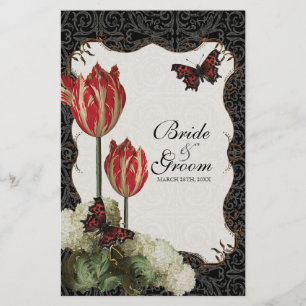 Dinner Menu Card - Black n Cream Red Tulip Damask