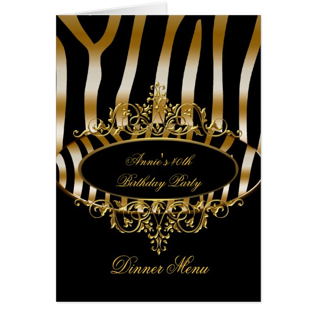 Dinner Menu Card Gold Zebra Black (Front)