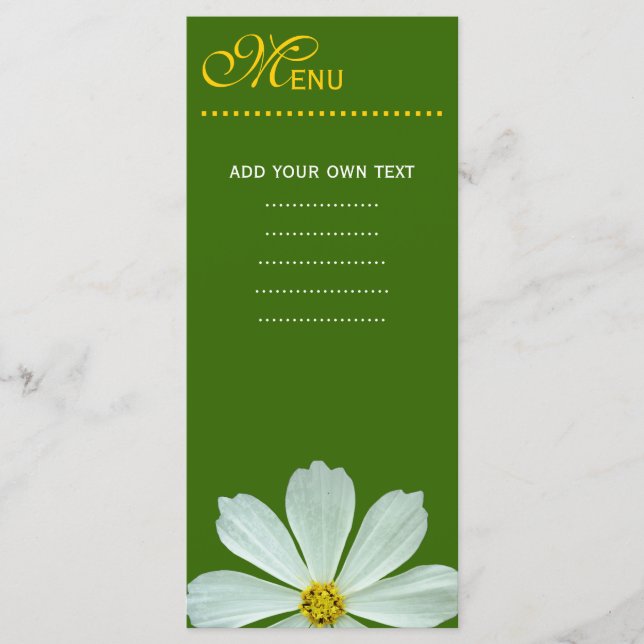 Dinner menu card.  white daisy flower (Front)
