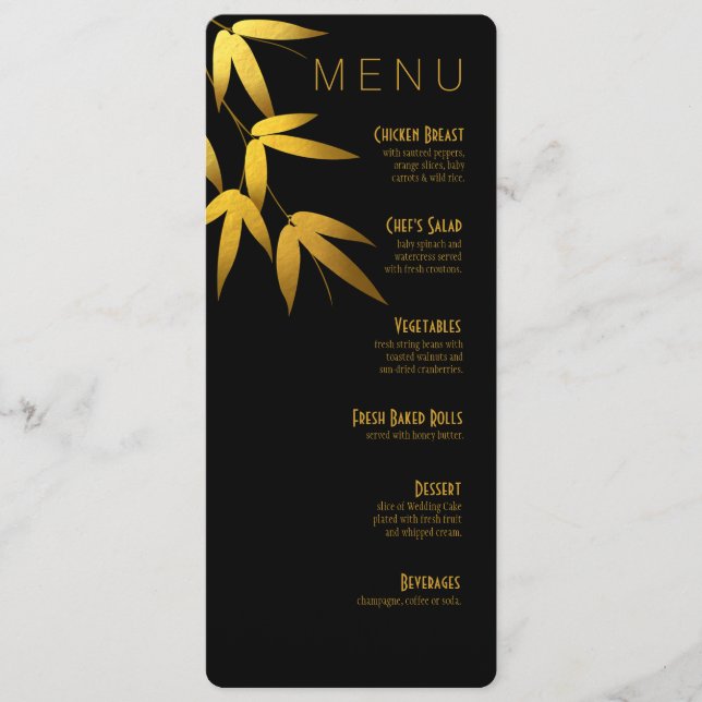 Dinner Menu Glam Bamboo Leaves Gold Foil | black (Front)