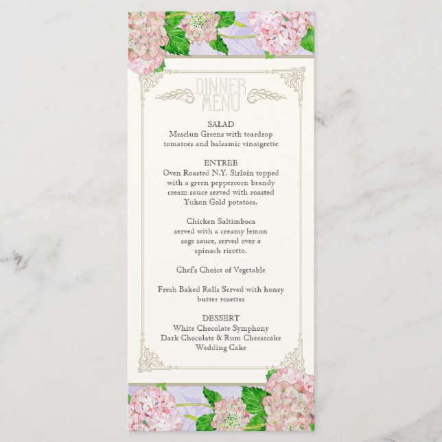 Dinner Menu Pink Hydrangea Lace Floral Formal (Front)