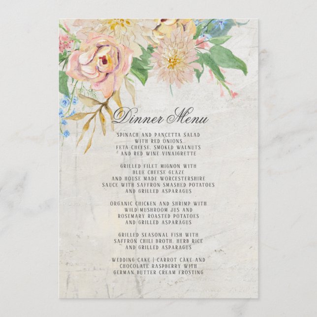 Dinner Menu Summer Watercolor Blush Floral Foliage (Front)
