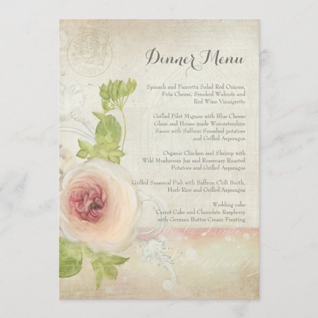 Dinner Menu Vintage Peony Flower Elegant Floral (Front)