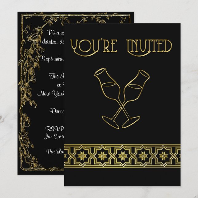 Dinner Party Invitation, Black and Gold Wine Glass Invitation (Front/Back)
