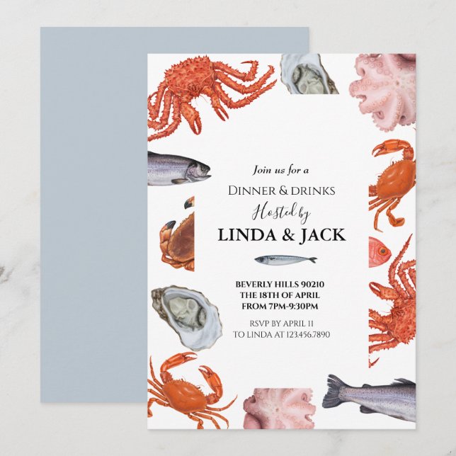 Dinner party invitation Seafood Theme (Front/Back)