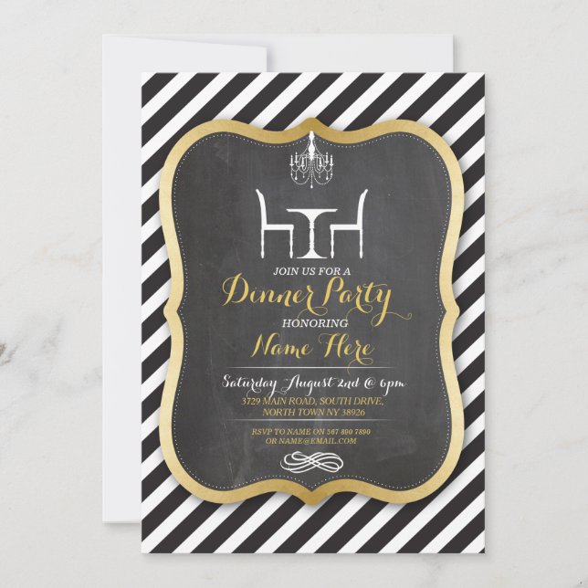 Dinner Party Stripe Gold Birthday Invitation (Front)