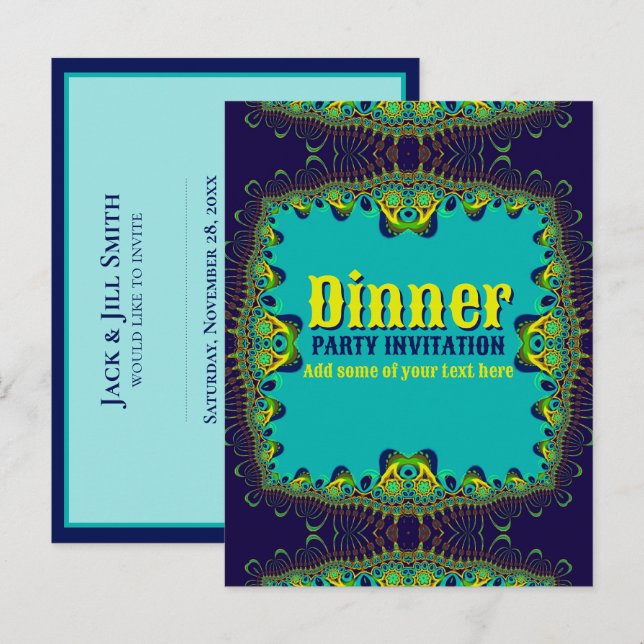 Dinner Party Template Blue Green Yellow Invitation (Front/Back)