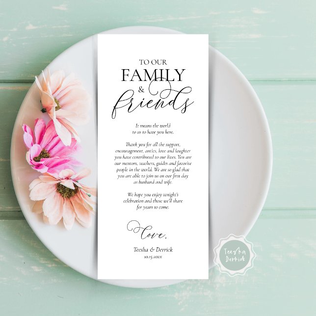 Dinner Place Setting Thank You Calligraphy Card (Wedding Dinner Place Setting Thank You Card, Modern Romantic Script, Plate Decor, Black and White)