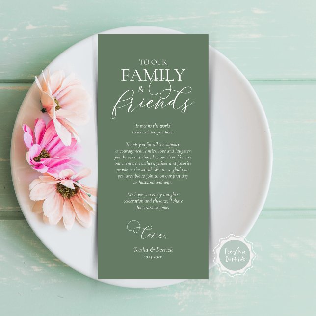 Dinner Place Setting Thank You Calligraphy Card (Wedding Dinner Place Setting Thank You Card, Modern Romantic Script, Plate Decor, Forest Sage Green)