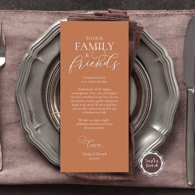 Dinner Place Setting Thank You Calligraphy Card (Wedding Dinner Place Setting Thank You Card, Modern Romantic Script, Plate Decor, Copper Rust Brown)