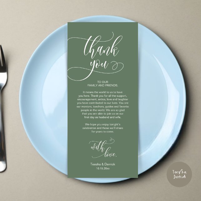 Dinner Place Setting Thank You, Modern Script Card (Wedding Dinner Place Setting Thank You Card, Plate Decoration, Modern Script, in Sage Green)