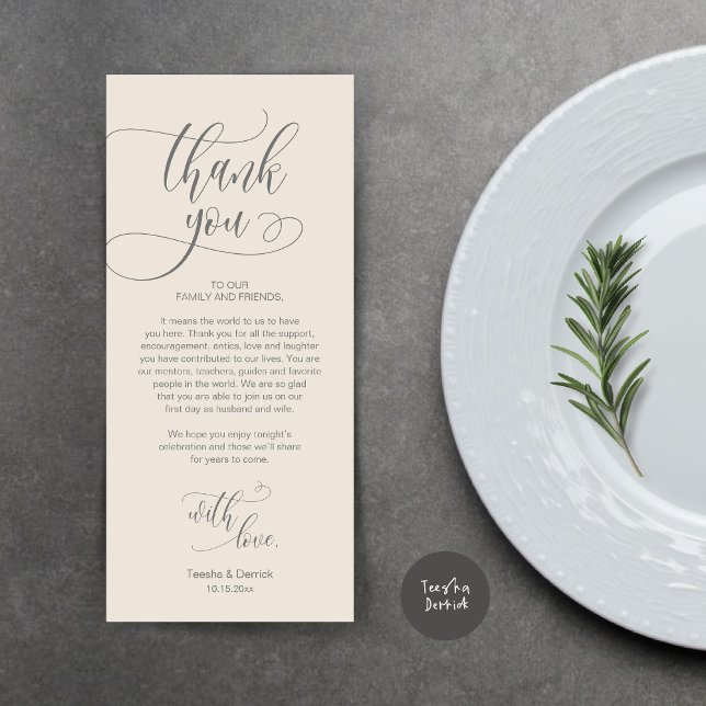 Dinner Place Setting Thank You, Modern Script Card (Wedding Dinner Place Setting Thank You Card, Plate Decoration, Modern Script, in Dark Grey Cream)