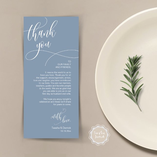 Dinner Place Setting Thank You, Modern Script Card (Wedding Dinner Place Setting Thank You Card, Plate Decor, Modern Calligraphy, in Dusty Blue)