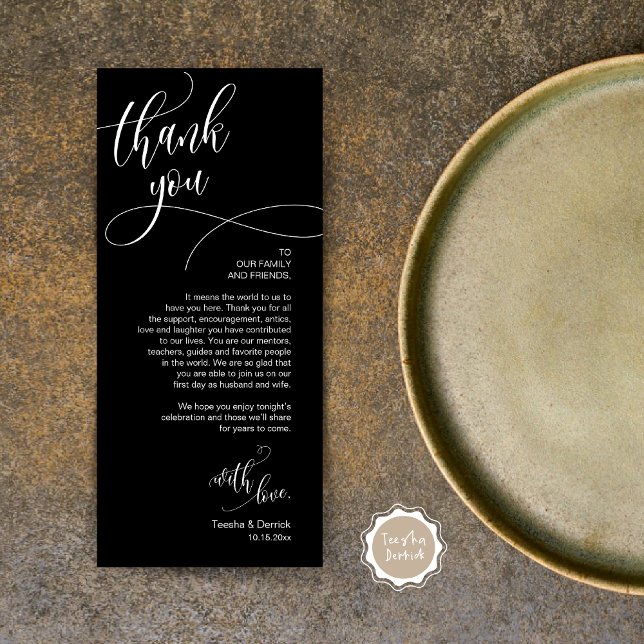 Dinner Place Setting Thank You, Modern Script Card (Wedding Dinner Place Setting Thank You Card, Plate Decor, Modern Calligraphy, in Elegant Black)