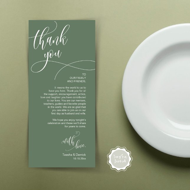 Dinner Place Setting Thank You, Modern Script Card (Wedding Dinner Place Setting Thank You Card, Plate Decor, Modern Calligraphy, in Forest Sage Green)