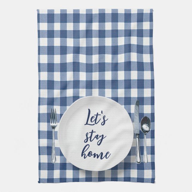 Dinner Plate On Blue Gingham Tea Towel (Vertical)