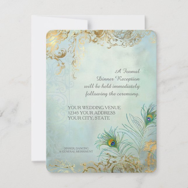 Dinner Reception Peacock Feathers Elegant Wedding Invitation (Front)