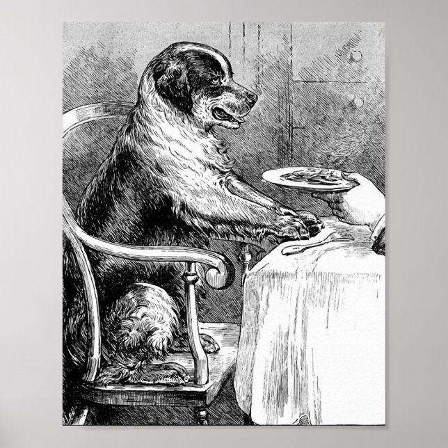 Dinner Time Vintage Dog Illustration Poster (Front)