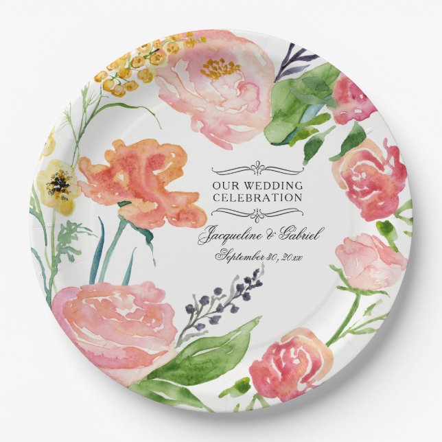 Dinner Wedding Reception Watercolor Floral Rose Paper Plate (Front)