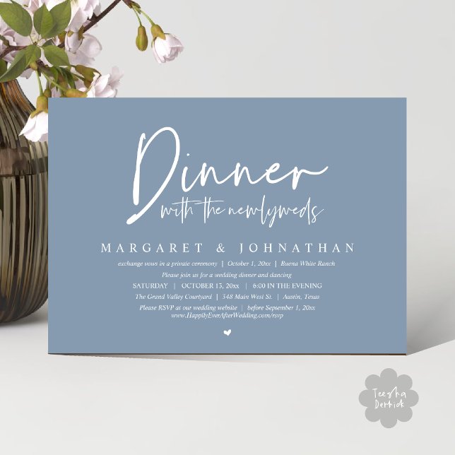Dinner with the Newlyweds, Wedding Elopement Party Invitation (Dinner with the Newlyweds, Modern Wedding Elopement Party Invitation Card PDF Dusty Blue)