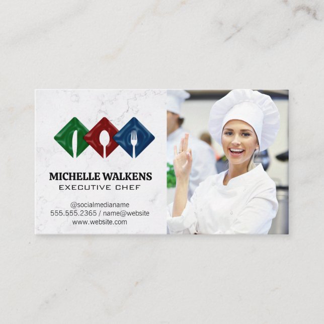 Dinnerware Logo | Woman Chef in Kitchen Business Card (Front)