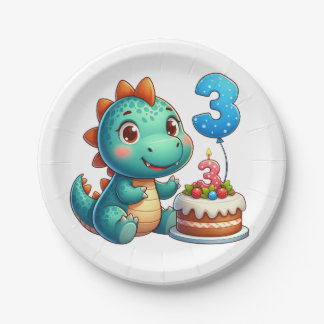 Dino 3rd Birthday Paper Plate