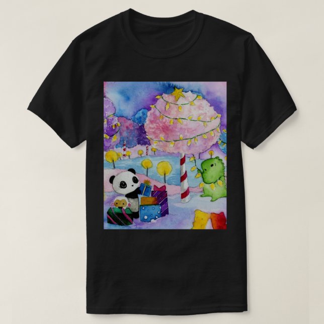 Dino &amp_ Panda Watercolour Painting Candyland Ch T-Shirt (Design Front)