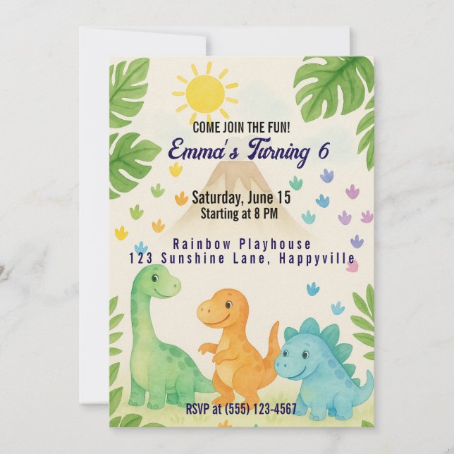 Dino Birthday Invite for 6 Year Old (Front)