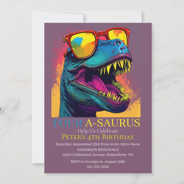 Dino Blue Party 4th Dinosaur Birthday Invitation (Front)