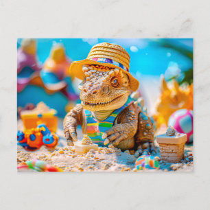 Dino Building Sandcastle on Beach Holiday Postcard