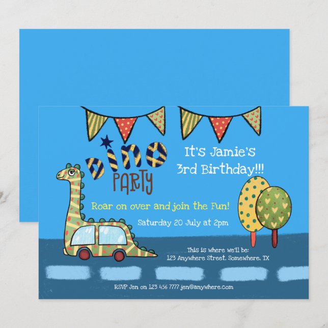 Dino Car Dinosaur Blue Yellow Boys Birthday Party Invitation (Front/Back)