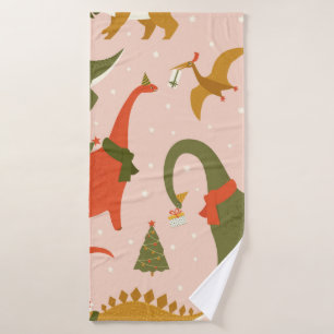 Dino Christmas Party Tree Rex. Dinosaur in Santa h Bath Towel