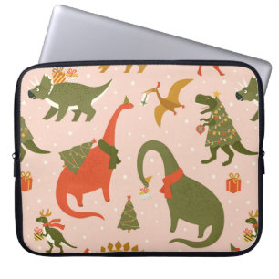 Dino Christmas Party Tree Rex. Dinosaur in Santa h Laptop Sleeve