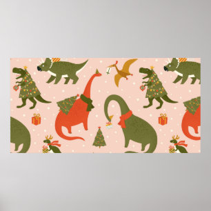 Dino Christmas Party Tree Rex. Dinosaur in Santa h Poster