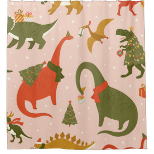 Dino Christmas Party Tree Rex. Dinosaur in Santa h Shower Curtain