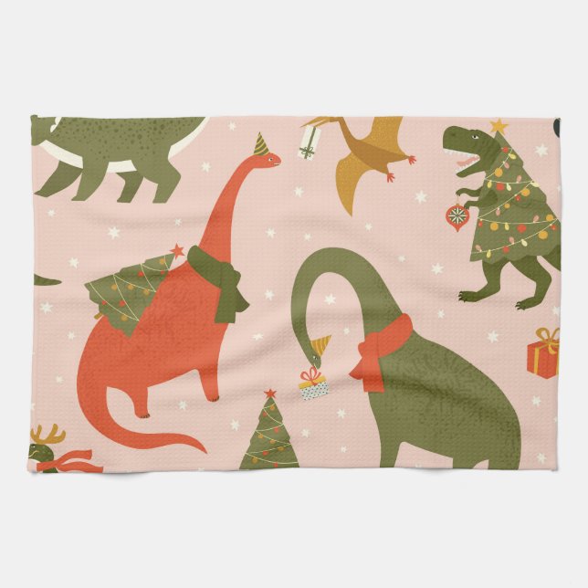 Dino Christmas Party: Tree Rex Tea Towel (Horizontal)