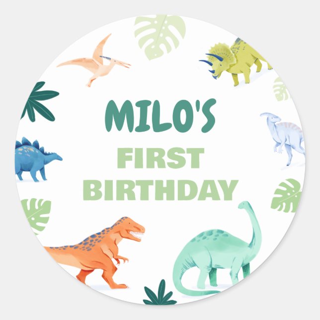 Dino Colourful Dinosaur Birthday Round Sticker (Front)
