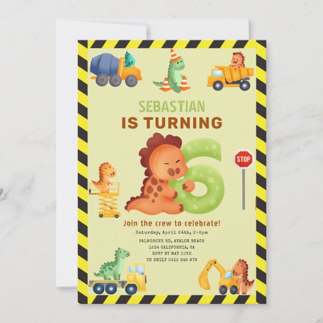 Dino Crew 6th Birthday Construction Dinosaur Invitation (Front)