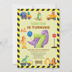 Dino Crew 7th Birthday Construction Dinosaur Invitation