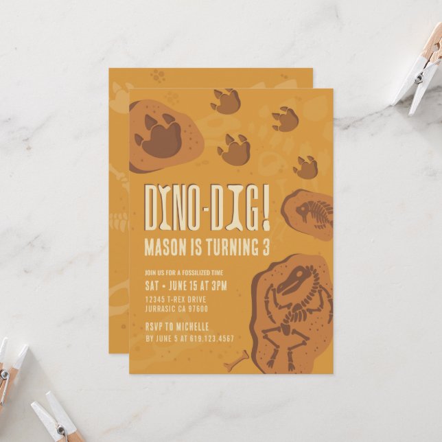 Dino-Dig • Dinosaur Dig Birthday Party Invitation  (Front/Back In Situ)