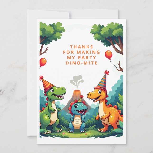 Dino Dinosaur Birthday Party Flat Thank You Card (Front)