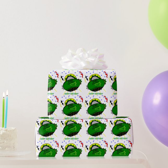 Dino Dinosaur Green Spaceship Stars Birthday Wrapping Paper (Party Gifts)