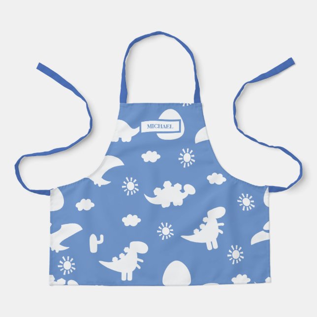 Dino Doodle Silhouettes Kids Dinosaur Blue Apron (Front)