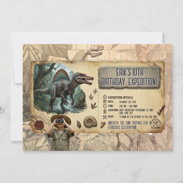 Dino Expedition Spinosaurus Boy's 10th birthday Invitation (Front)