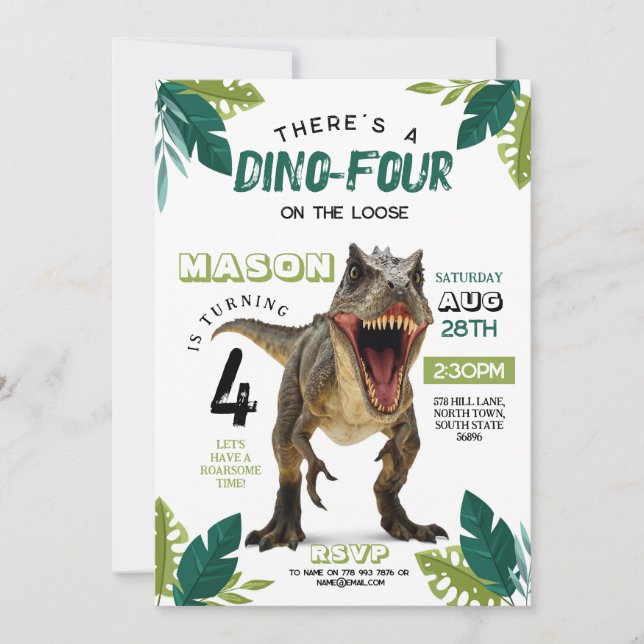Dino Four Birthday Dinosaur Roar T-Rex 4th Invitation (Front)