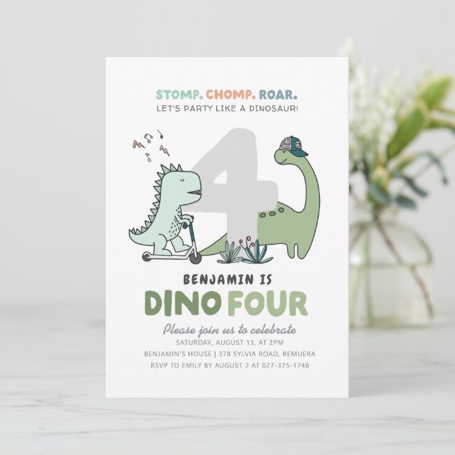 Dino-Four Birthday Party Invitation (Standing Front)