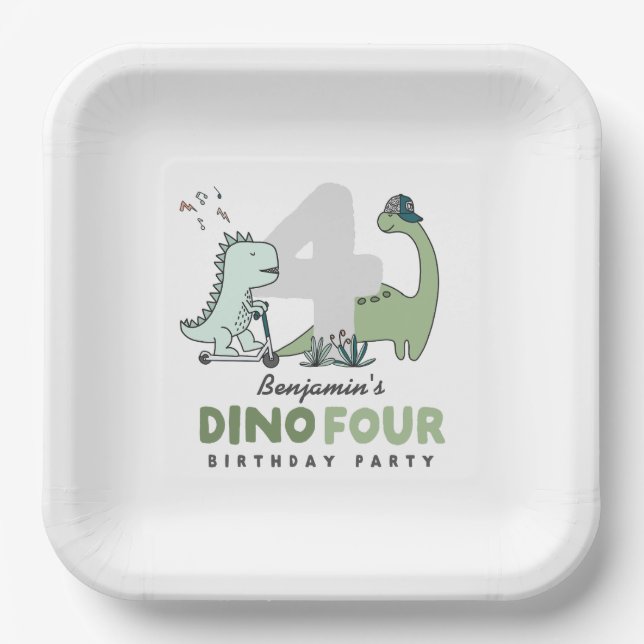 Dino Four Birthday Party Paper Plates (Front)