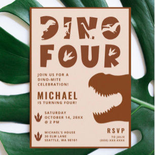Dino Four Burnt Orange Dinosaur 4th Birthday Party Invitation