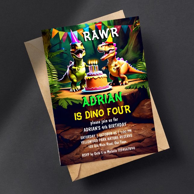Dino four colourful dinosaur birthday template (Dino four dinosaur birthday party editable template invitation digital download t-rex dinosaurs)