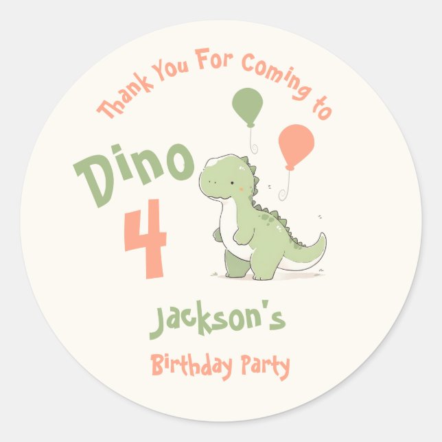 Dino Four Dinosaur 4th Birthday Party Classic Round Sticker (Front)